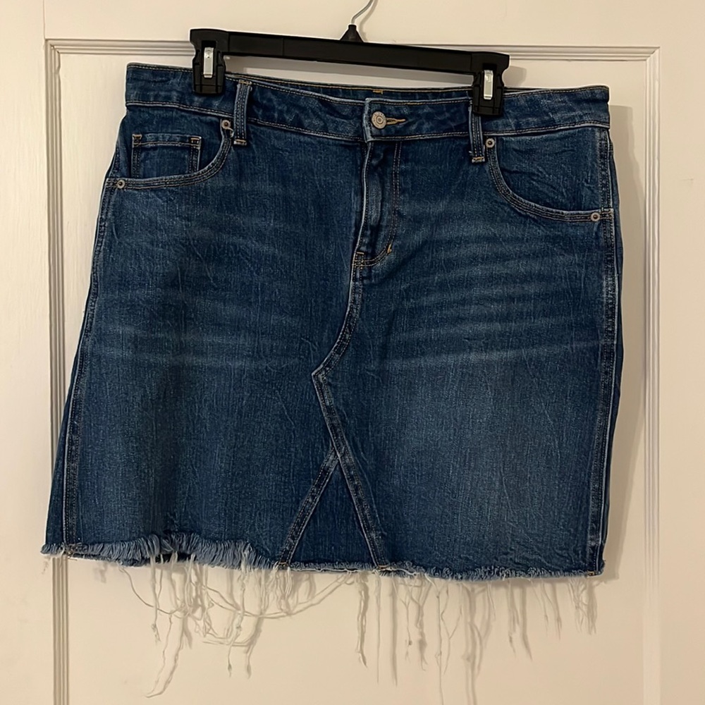 Dark Blue Denim Frayed Hem Mini Skirt